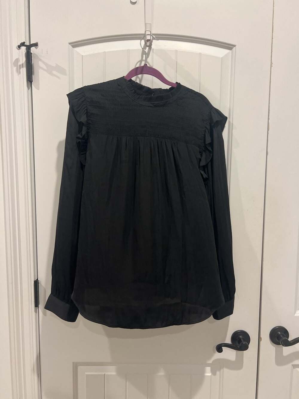 LOFT Black Smocked Yoke Ruffle Sleeve Blouse